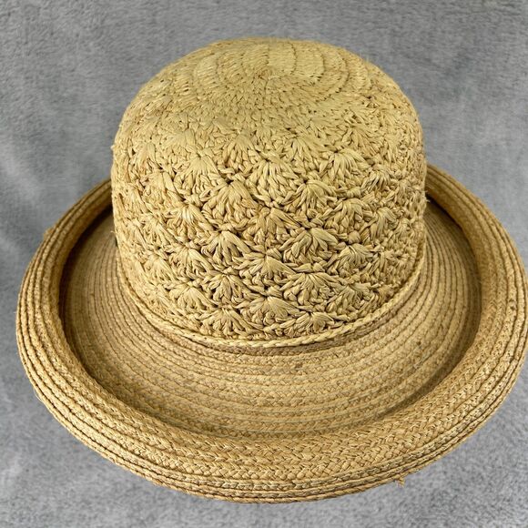 Callanan Handmade Hat Womens OS Raffia Natural Fiber Crochet Rolled Brim Panama